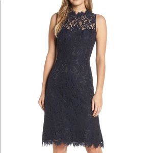 NWT Eliza J Navy Blue High Neck Lace Sheath Dress